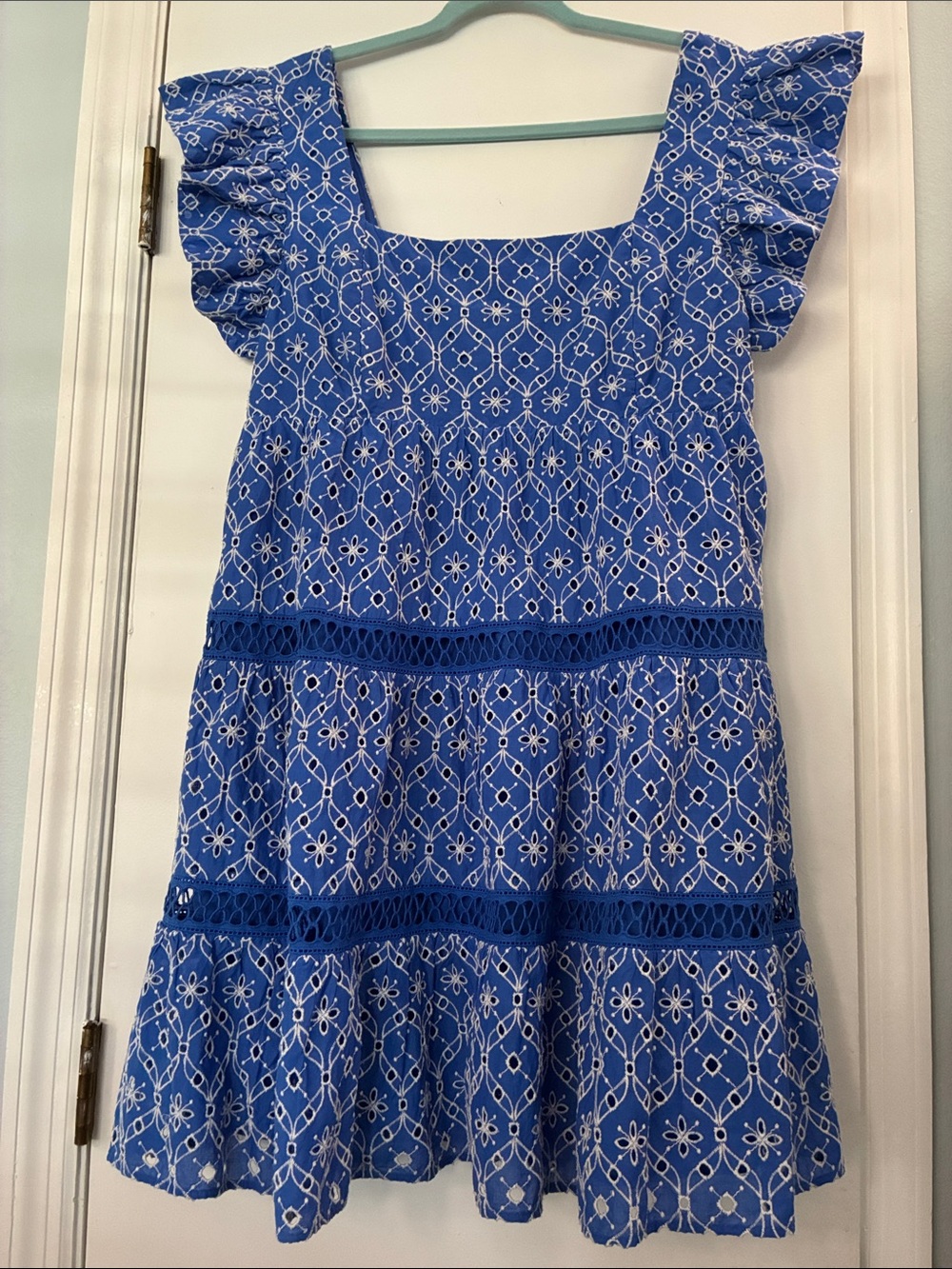 Lilly Pulitzer Blue Embroidered Tiered Dress with Ruffle Sleeves